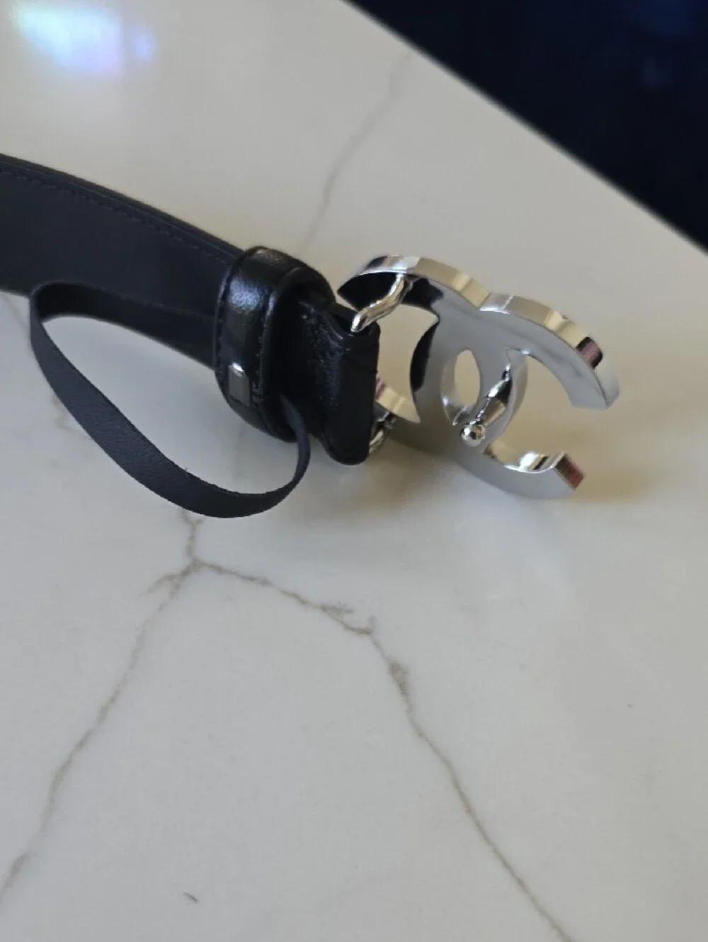 Black Quilted Leather Belt with Silver Interlocking Logo Buckle